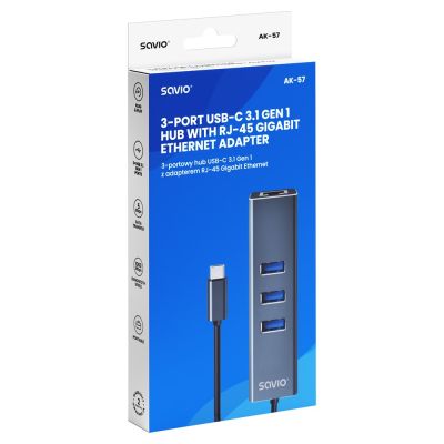7. SAVIO AK-57 3-PORT USB-C HUB WITH RJ-45 ADAPTER