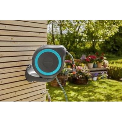 4. Gardena 18610-20 Garden Hose Reel Wall-Mounted Automatic Hose Cart Gray, Turquoise