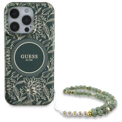 2. Guess IML Flowers Allover Electro With Pearl Strap MagSafe case for iPhone 16 Pro Max - green