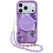 Guess IML Flowers Pearl Strap MagSafe Case for iPhone 18 Pro / 17 Pro – purple