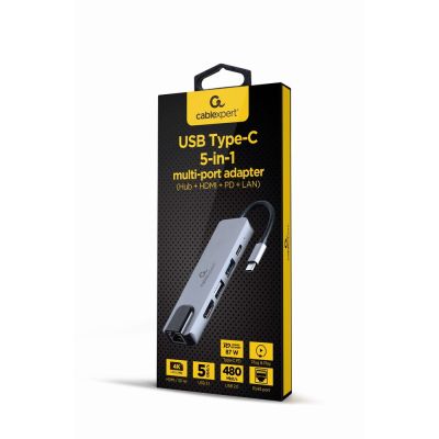 5. GEMBIRD MULTI ADAPTER USB TYPE-C 5IN1 (HUB + HDMI + PD + CARD READER + LAN) SILVER