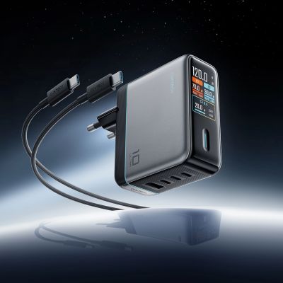 3. Cuktech AD1204U 120W Wall Charger with Display and USB-C Cable - Silver
