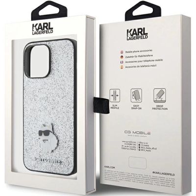8. Karl Lagerfeld Fixed Glitter Choupette Logo Metal Pin Case for iPhone 15 Pro Max - Silver