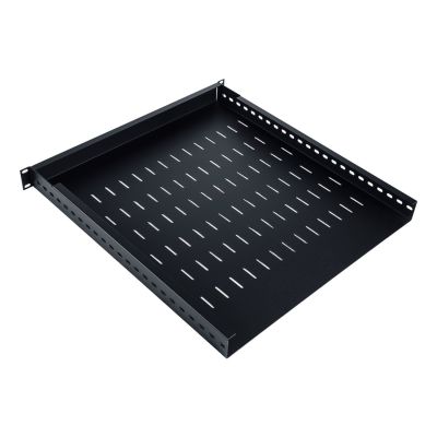 2. 19" adjustable shelf, 1U, depth 500-900 mm, load capacity 100 kg, 4-point mounting, black, screws included.