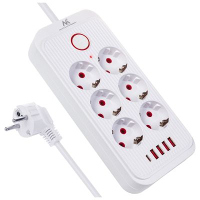 MACLEAN POWER STRIP, EXTENSION CORD 6 OUTLETS + 4XUSB, 110-240V AC 50/60HZ, 2.1A MAX 2500W, 1.5M, WHITE MCE389W