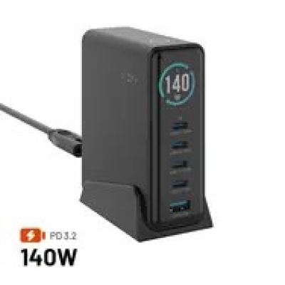 Fixed GaN 140 Charger, 1× USB-A, 4× USB-C, 5 A (FIXCG140D-4C1A-BK)