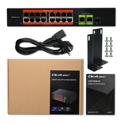 12. Qoltec SWITCH Fast Ethernet PoE Network Switch | 16x RJ45 10/100 Mb/s | 2x RJ45 Uplink 1000 Mb/s | 1x SFP 1000 Mb/s