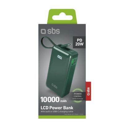 2. Powerbank SBS 10000 mAh 20W with built-in USB-C cable and digital display - green