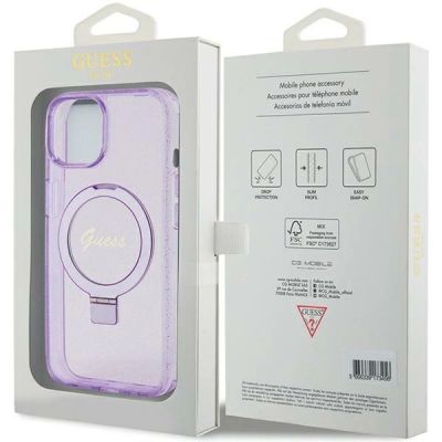 8. Guess Ring Stand Script Glitter MagSafe case for iPhone 15 Plus / 14 Plus - purple