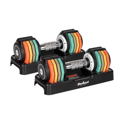 Automatically adjustable cast iron dumbbells, set of 2 x 5 kg, increments of 1 kg, REBEL ACTIVE