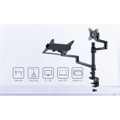 11. GEMBIRD ADJUSTABLE DESK ARM/MONITOR HOLDER + NOTEBOOK STAND 17-32, VESA 100X100MM, UP TO 8 KG