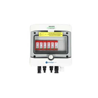 Hermetic IP65 EMITER DC connection switchboard with Dehn 1000V type 2 DC surge arrester, 2x PV string, 2x MPPT