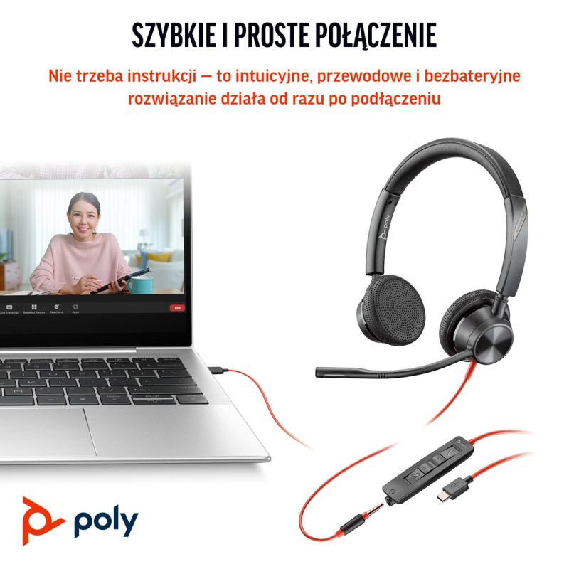 251. Poly Blackwire 3325 Stereo MS Teams Certified USB-C Headset +3.5mm Plug +USB-C/A Adapter 8X222AA