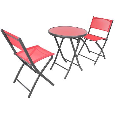 27. BALCONY FURNITURE SET ROUND TABLE AND 2 FOLDING CHAIRS RED