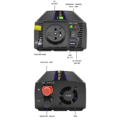 14. QOLTEC VOLTAGE CONVERTER MONOLITH 1200 MS WAVE | 12V TO 230V | 600/1200W | USB
