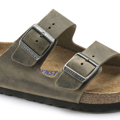 2. Birkenstock Arizona Soft Footbed Oiled Leather Narrow Faded Khaki Slides for Narrow Feet (1019377)