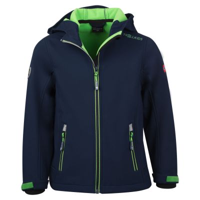 TrollKids Kids Trollfjord Jacket navy/light green softshell jacket with reflective elements (161-120)