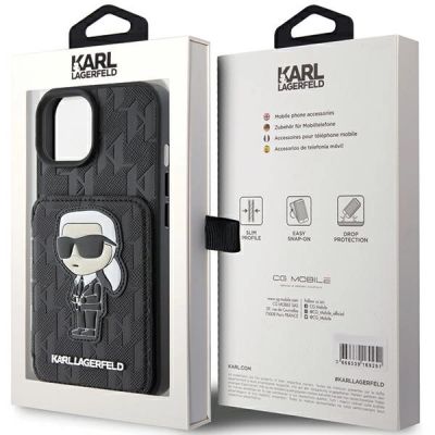 9. Karl Lagerfeld Saffiano Cardslots and Stand Monogram Ikonik Patch case for iPhone 15 - black