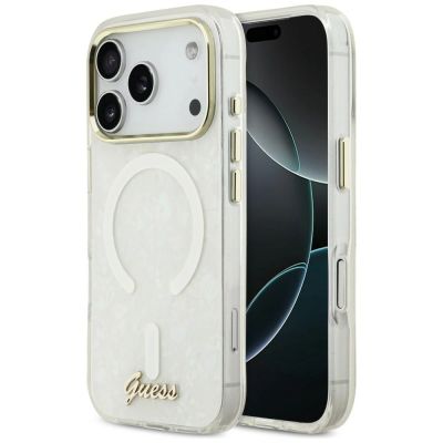 Guess IML Shell Script Metal MagSafe Case for iPhone 17 Pro Max - White