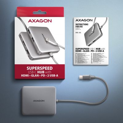 6. Axagon N HMC-5HL USB 5 Gbps hub, 2x USB-A, HDMI 4K/60 Hz, RJ-45 GLAN, PD 100 W, USB-C cable, wired, USB 3.2 Gen 1 (3.1 Gen 1) Type-C, Silver