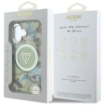 8. Guess Glitter Flowers Triangle Buttons MagSafe case for iPhone 16 green