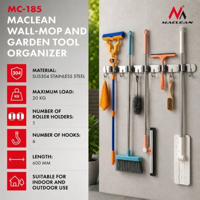 4. MACLEAN WALL ORGANIZER FOR GARDEN TOOLS AND MOPS, STEEL, WITH HOOKS, MAX LOAD 20KG, WIDTH 60CM MC-185