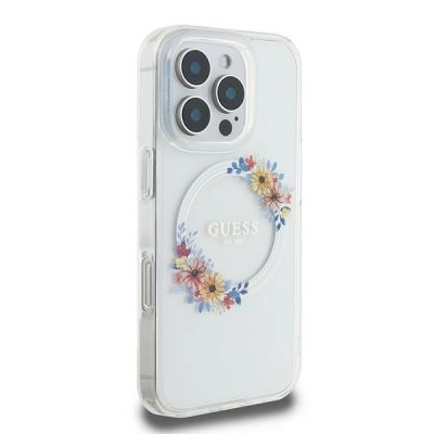 4. Guess IML Flowers Wreath MagSafe Case for iPhone 16 Pro - Clear