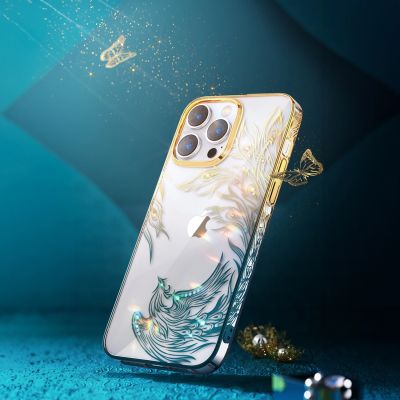 4. Luxury iPhone 14 Plus Case with Kingxbar Phoenix Crystals - Gold and Blue