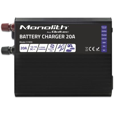 13. Qoltec Intelligent Monolith Charger for LiFePO4 AGM GEL SLA Batteries, 20A, 12V