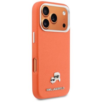 4. Karl Lagerfeld Karl & Choupette Head Pins Saffiano MagSafe Case for iPhone 17 Pro Max - Orange