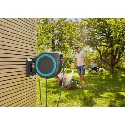 2. Gardena 18630-20 Garden Hose Reel Wall-Mounted Garden Hose Cart Automatic Black, Blue