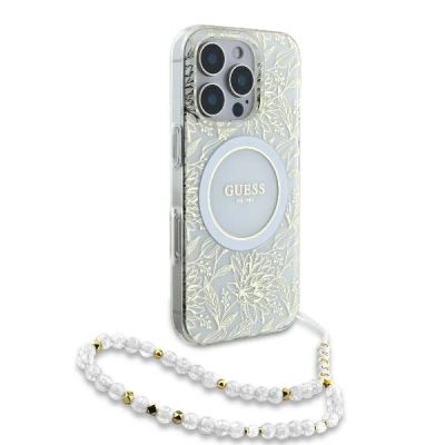 3. Guess IML Flowers Allover Electro With Pearl Strap MagSafe case for iPhone 16 Pro - white