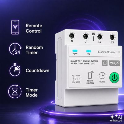 3. Qoltec Three-phase relay 63A for DIN rail | 3P+N | Timer | Wi-Fi | Tuya | Smart Life | Amazon Alexa | 4P