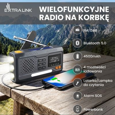 4. Extralink Bluetooth Solar Emergency Radio with Crank Dynamo Powerbank 4000mAh with SOS Flashlight BT-4000 Portable Analog and Digital Black, Orange