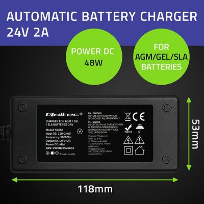 4. QOLTEC AGM GEL STD BATTERY CHARGER | RECTIFIER 24V 2A 48W | LED