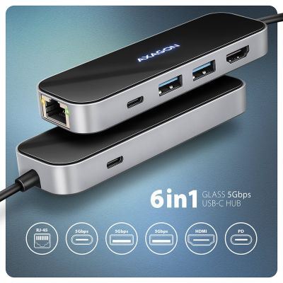 3. AXAGON HMC-6GLN USB Hub, 2x USB-A, 1x USB-C, 1x HDMI 2.0, 1x RJ45, 100 W PD – silver