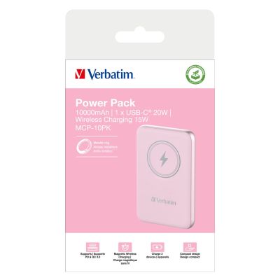 4. Verbatim Charge 'n' Go Lithium Polymer (LiPo) 10000 mAh Wireless Charging Pink