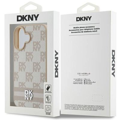 8. DKNY Checkered Pattern & Printed Stripes iPhone 16 Case - Pink