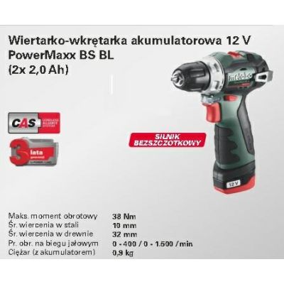 METABO DRILL-SCREW DRIVER 12V 38Nm 2x2.0Ah BS BL 12