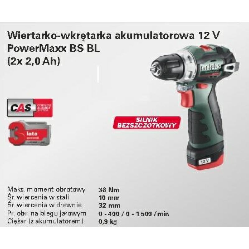 METABO DRILL-SCREW DRIVER 12V 38Nm 2x2.0Ah BS BL 12