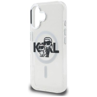 6. Karl Lagerfeld IML Glitter Karl & Choupette Sketch Logo MagSafe Case for iPhone 16 - Transparent
