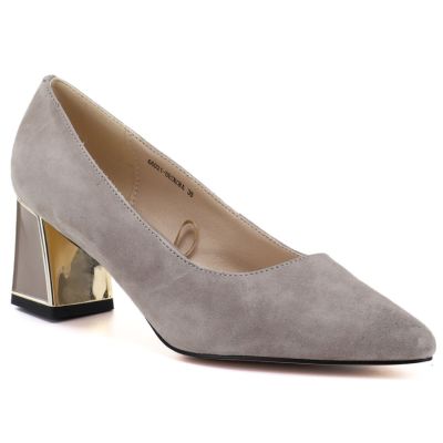 Women's leather shoes with a decorative block heel, beige Vinceza 26-66921