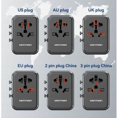 13. Vention 65W GaN Universal Travel Adapter with Charger 2x USB-A 2x USB-C Black