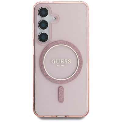 3. Guess Glitter Circle Classic Logo MagSafe Case for Samsung Galaxy S25 Pink