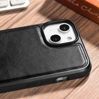 15. iCarer Leather Oil Wax case covered with natural leather for iPhone 14 Plus black (WMI14220719-BK)