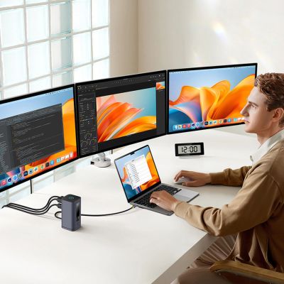 8. Baseus Spacemate hub USB-C 11in1 docking station 3xHDMI 4K 60Hz + 2xUSB-A (10Gb/s) + 1xUSB-C (10Gb/s) + RJ45 + 2xUSB-A (480Mb/s) + 1xUSB-C (PD) + 1xMinijack 3.5mm - gray