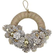 DECORATIVE HALF WREATH 34 CM GOLD WITH PINE CONES AND BAUBLES MICA