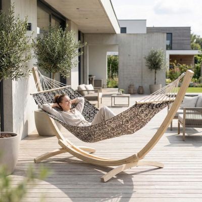 6. GARDEN HAMMOCK FOR 1 PERSON 200X100CM WITH SPREADER BAR ETHNO BLACK AND WHITE