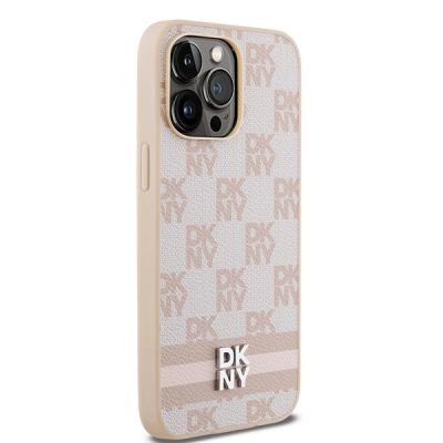 4. DKNY Leather Checkered Mono Pattern & Printed Stripes case for iPhone 14 Pro Max - pink
