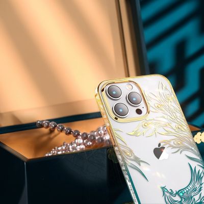 7. Luxury iPhone 14 Pro Case with Kingxbar Phoenix Crystals - Gold and Blue